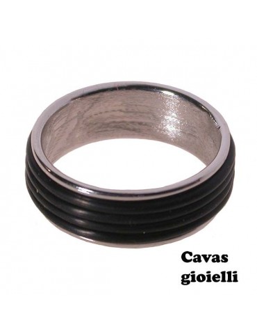 silver band ring with inserted black rubber wires