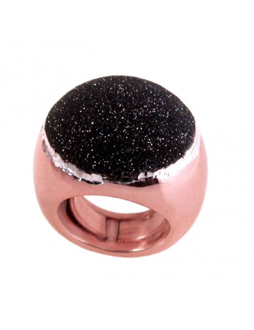 Smalto nero glitter sopra anello grande in argento rosa